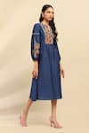 Buy_Aarke Ritu Kumar_Blue Viscose Poly Dupion Embroidered Botanical Notched Round Mizuki Dress _Online_at_Aza_Fashions