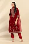 Buy_Aarke Ritu Kumar_Maroon Poly Velvet Embroidery Paisley Bloom Round Neck Gianna Kurta Pant Set _at_Aza_Fashions