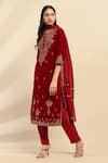 Aarke Ritu Kumar_Maroon Poly Velvet Embroidery Paisley Bloom Round Neck Gianna Kurta Pant Set _Online_at_Aza_Fashions