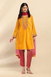 Buy_Aarke Ritu Kumar_Yellow Poly Velvet Embroidery Floret Round Neck Rania Kurta Pant Set _at_Aza_Fashions