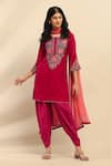 Buy_Aarke Ritu Kumar_Pink Poly Velvet Embroidery Mughal Bloom Round Rania Kurta And Salwar Pant Set _at_Aza_Fashions