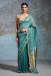 Buy_Dressfolk_Blue Chanderi, Handloom Cotton Woven Saree With Unstitched Blouse Piece _at_Aza_Fashions