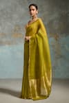 Dressfolk_Green Chanderi, Handloom Cotton Plain Saree _Online_at_Aza_Fashions