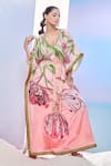 Shop_Pria Kataria Puri_Peach Crepe Print Tulip Blossom V Neck Kaftan _at_Aza_Fashions