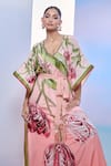 Shop_Pria Kataria Puri_Peach Crepe Print Tulip Blossom V Neck Kaftan _Online_at_Aza_Fashions