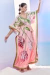 Pria Kataria Puri_Peach Crepe Print Tulip Blossom V Neck Kaftan _Online