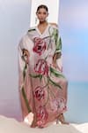 Pria Kataria Puri_White Satin Print Tulip Blossom Halter Neck Kaftan _at_Aza_Fashions