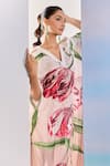 Pria Kataria Puri_White Satin Print Tulip Blossom Halter Neck Kaftan _Online
