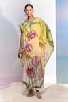 Buy_Pria Kataria Puri_Yellow Crepe Print Tulip Blossom Boat Neck Ombre Kaftan _at_Aza_Fashions