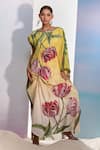 Shop_Pria Kataria Puri_Yellow Crepe Print Tulip Blossom Boat Neck Ombre Kaftan _at_Aza_Fashions