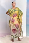 Pria Kataria Puri_Yellow Crepe Print Tulip Blossom Boat Neck Ombre Kaftan _Online_at_Aza_Fashions