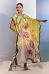 Buy_Pria Kataria Puri_Yellow Crepe Print Tulip Blossom Boat Neck Ombre Kaftan _Online_at_Aza_Fashions
