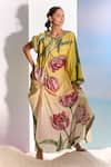 Shop_Pria Kataria Puri_Yellow Crepe Print Tulip Blossom Boat Neck Ombre Kaftan _Online_at_Aza_Fashions