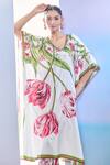 Pria Kataria Puri_White Crepe Print Tulip Blossom V Neck Straight Kaftan With Pant _Online_at_Aza_Fashions