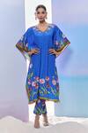 Buy_Pria Kataria Puri_Blue Silk Print Tulip Blossom V Neck Kaftan With Pant _at_Aza_Fashions