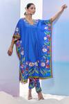 Pria Kataria Puri_Blue Silk Print Tulip Blossom V Neck Kaftan With Pant _Online_at_Aza_Fashions