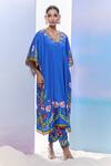 Pria Kataria Puri_Blue Silk Print Tulip Blossom V Neck Kaftan With Pant _at_Aza_Fashions