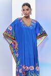 Pria Kataria Puri_Blue Silk Print Tulip Blossom V Neck Kaftan With Pant _Online