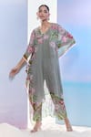 Buy_Pria Kataria Puri_Grey Georgette Print Tulip Blossom V Neck Kaftan With Pant _at_Aza_Fashions