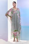 Buy_Pria Kataria Puri_Grey Georgette Print Tulip Blossom V Neck Kaftan With Pant _Online_at_Aza_Fashions