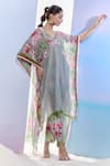 Shop_Pria Kataria Puri_Grey Georgette Print Tulip Blossom V Neck Kaftan With Pant _Online_at_Aza_Fashions