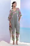 Pria Kataria Puri_Grey Georgette Print Tulip Blossom V Neck Kaftan With Pant _at_Aza_Fashions