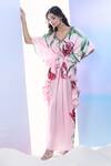 Buy_Pria Kataria Puri_Pink Satin Print Tulip Blossom Wavy Neck Ruffled Kaftan _at_Aza_Fashions