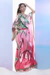 Pria Kataria Puri_Red Satin Printed Tulip Wavy V-neck Kaftan _Online_at_Aza_Fashions