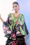 Pria Kataria Puri_Black Satin Printed Tulip V-neck Asymmetric Kaftan _Online_at_Aza_Fashions