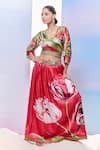 Pria Kataria Puri_Red Satin Printed Tulip V-neck Crop Top With Skirt _at_Aza_Fashions