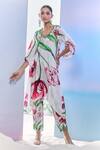 Buy_Pria Kataria Puri_White Satin Printed Tulip Wavy V-neck High-low Kurta With Pant _at_Aza_Fashions