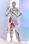 Buy_Pria Kataria Puri_White Satin Printed Tulip Wavy V-neck High-low Kurta With Pant _Online_at_Aza_Fashions