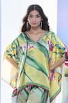 Pria Kataria Puri_Yellow Satin Printed Tulip V-neck Asymmetric Top With Pant _Online_at_Aza_Fashions