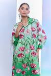 Shop_Pria Kataria Puri_Green Silk Printed Tulip Shirt Collar Shaded Kaftan With Pant 