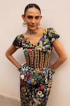 Buy_SAKSHAM & NEHARICKA_Multi Color Satin Printed Floral V Neck Anjali Corset Top Set _Online_at_Aza_Fashions