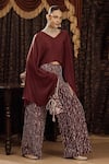 SAKSHAM & NEHARICKA_Maroon Cotton Silk And Satin Hand Embroidery Aari V Neck Disco Top With Palazzo _Online_at_Aza_Fashions