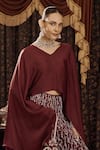 Buy_SAKSHAM & NEHARICKA_Maroon Cotton Silk And Satin Hand Embroidery Aari V Neck Disco Top With Palazzo _Online_at_Aza_Fashions