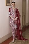 Buy_SAKSHAM & NEHARICKA_Maroon Cotton Silk And Organza Applique Gota V Neck Aari Embroidered Kurta Set _Online_at_Aza_Fashions