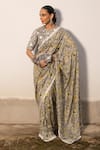 Buy_SAKSHAM & NEHARICKA_Grey Cotton Silk Printed Floral Round Starlight Saree With Blouse _at_Aza_Fashions