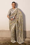 SAKSHAM & NEHARICKA_Grey Cotton Silk Printed Floral Round Starlight Saree With Blouse _Online