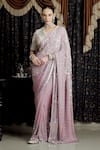 Buy_SAKSHAM & NEHARICKA_Purple Georgette Applique Floral V Neck Maatraa Embroidered Saree With Blouse _at_Aza_Fashions