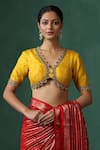 Buy_Weaver Story_Yellow Pure Silk Embroidered Zardozi V Neck Cutwork Saree Blouse _at_Aza_Fashions