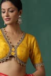 Buy_Weaver Story_Yellow Pure Silk Embroidered Zardozi V Neck Cutwork Saree Blouse _Online_at_Aza_Fashions