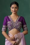 Buy_Weaver Story_Purple Raw Silk Embroidered Zardozi V Neck Blouse _at_Aza_Fashions