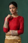 Buy_Weaver Story_Red Pure Silk Embroidered Gota Boat Saree Blouse _at_Aza_Fashions