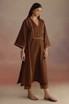 Buy_ROZA_Brown Linen Embellished Tassel V Neck Amber Kurta With Pant _at_Aza_Fashions