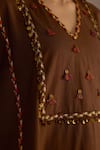 Buy_ROZA_Brown Linen Embellished Tassel V Neck Amber Kurta With Pant _Online_at_Aza_Fashions