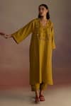 ROZA_Yellow Linen Embellished Tassel V Neck Amber Kurta And Pant Set _Online_at_Aza_Fashions