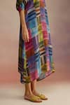 ROZA_Multi Color Habutai Silk Printed Geometric Notch Attico Hand Sketched Dress _at_Aza_Fashions