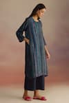 ROZA_Blue Habutai Silk Printed Stripe Round Awning Long Kurta _Online_at_Aza_Fashions